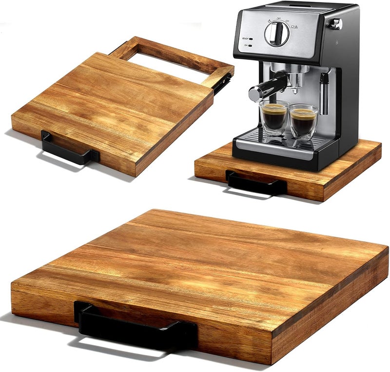 EVERBBKING Natural Acacia Sliding Tray for Coffee Machine Kitchen Appliance slider Moving Caddy, appliance slider,appliance rolling stand air fryer rolling tray - Image 1